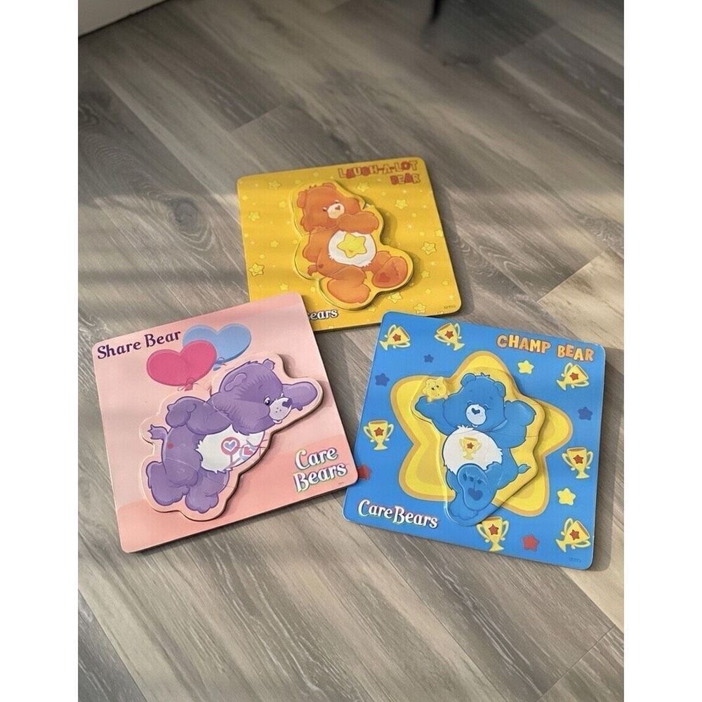 *Care Bear Wooden Inlay Puzzles Tenderheart Love-a-Lot Laugh Funshine Bears 3 PC